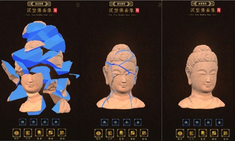 virtual restoration display of a clay Buddha face