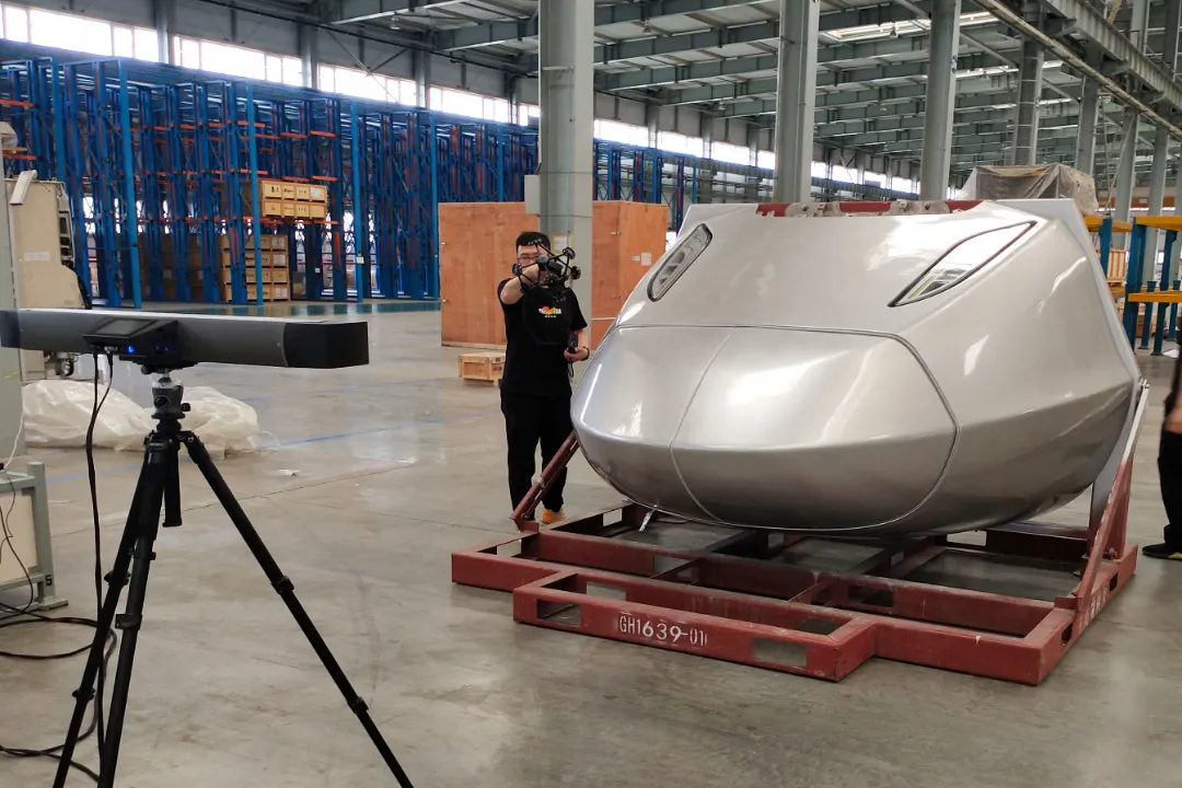 FreeScan Trak Series capturing the full geometry of a train nose cone for dimensional inspection