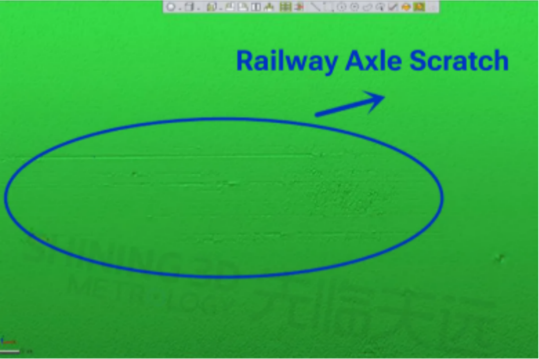 OptimScan Series capturing and measuring surface scratches on railway axle for high-precision quality inspection