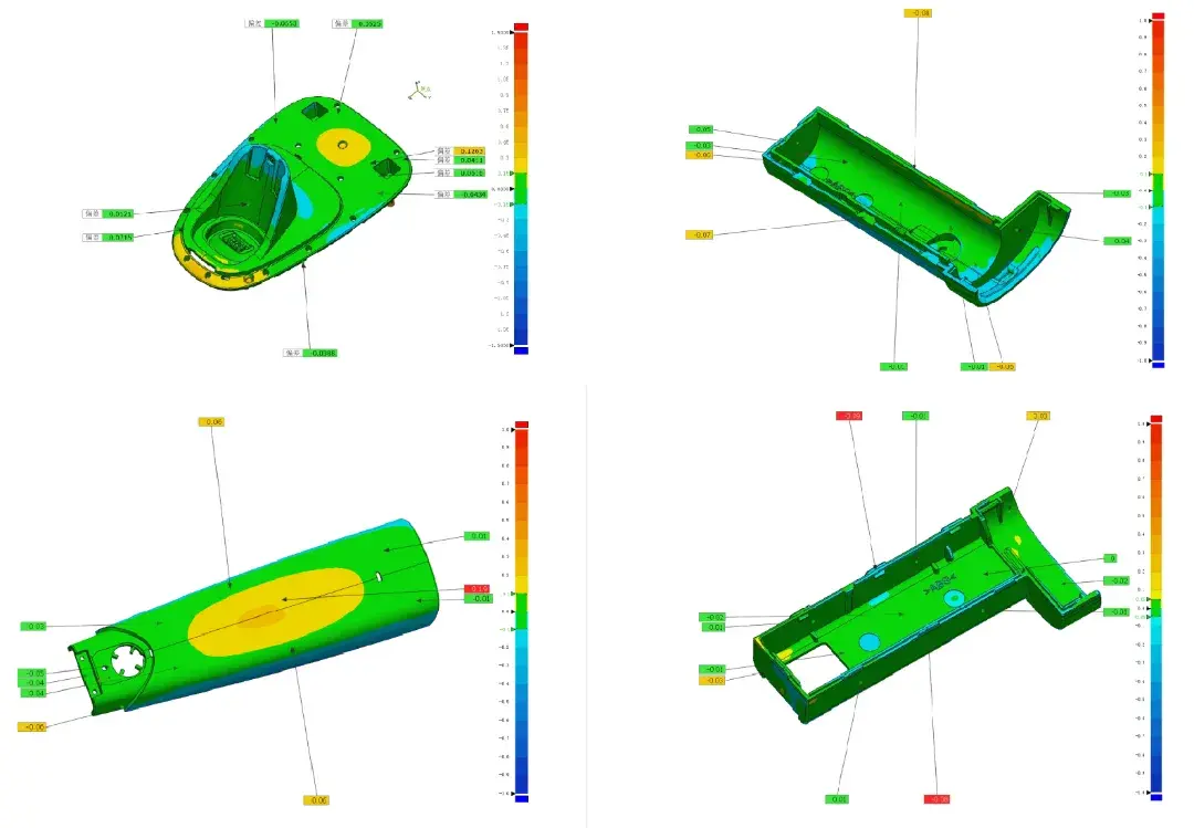 3D inspection results for various parts.